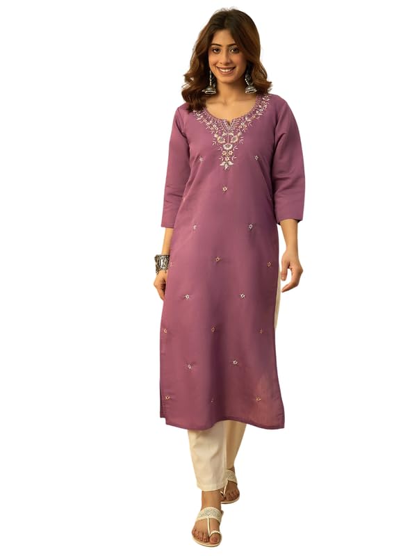 Image of Women's Silk Blend Embroidery Straight Kurta | Ethnic Kurtas for Women | Kurtis for Women Festive, Casual Office Wear Ethnic Kurta for Women