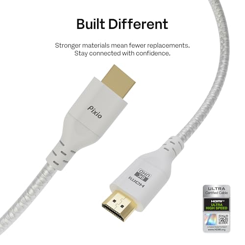 Image of Pixio White 8K HDMI 2.1 Cable Ultra Certified Ultra High Speed 6FT 8K 60Hz 4K 120Hz Nylon Braided, Gold Plated Connector, Anti-Breakage, HDR10+, dtsx, eARC, HDCP, Dolby Compatible