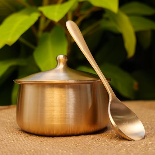 Image of Very Vogue Pure Kansa Handi with Spoon - 600 ML Small Serving Bowl | Traditional Tapeli /Bhagona with Golden Finish | Healthy Ayurvedic Bronze Serveware for Kitchen & Dining