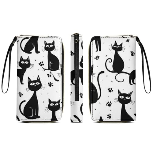 Girl's Long PU Wallet, Travel Purse Fashion Design, Huge Storage Capacity Purse, Cute Decor Zipper Wallet With Rope Funny Black Cats3