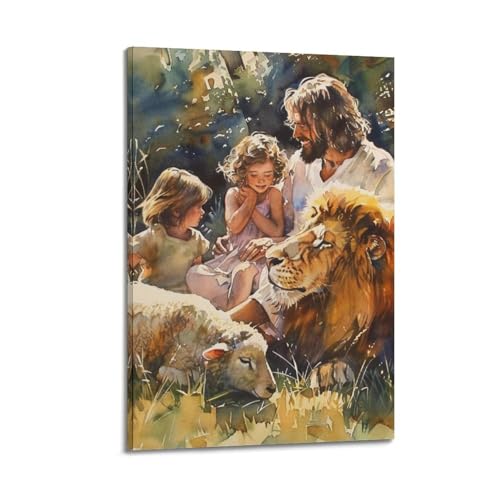 Impression aquarelle homme lion et mouton cadre 30x45cm