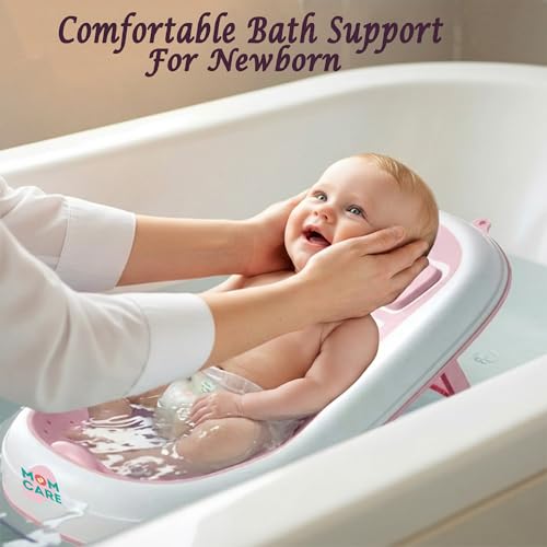 Image of MOM CARE Foldable Baby Bath Support Seat for Newborn (0-6 Months) | Anti-Slip Silicone Baby Bather | Ergonomic Infant Bath Seat for Sink, Tub & Floor | Portable Newborn Bath Support Chair | Pink