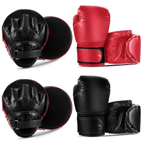 Foilswirl Boxing Set 2 Pairs 8 oz Boxing Gloves and 4 Pcs Pads Boxing Training Set Boxing Mitts and Pads Punching Mitts for Adults Kids Teens Kickboxing Karate Muay Thai MMA Training Martial Arts