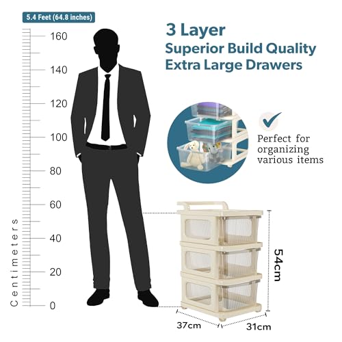 Image of Kuber Industries 3 Layer Plastic Modular Storage Drawer Organizer with Wheels | Chest of Drawer Storage Box for Living Room, Office, School and Home | Toys Organiser for Kids Room | Transparent Ivory