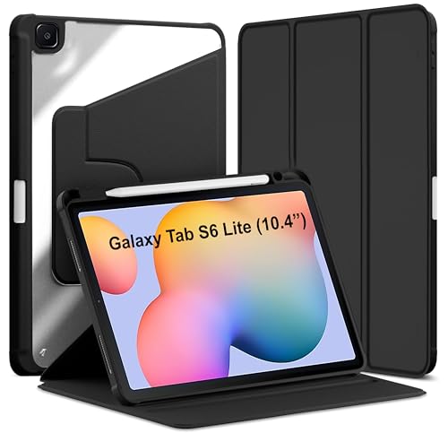 Image of TGK Rotating Case for Samsung Galaxy Tab S6 Lite 10.4 inch SM-P610 P615 P613 P619 with Pencil Holder Trifold Stand Cover Clear Back (Black)