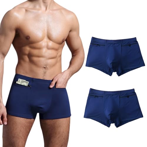 Pocket Underwear for Men 2 Pack, Men's Boxer Briefs with two Stash Secret Pockets. (Blue)