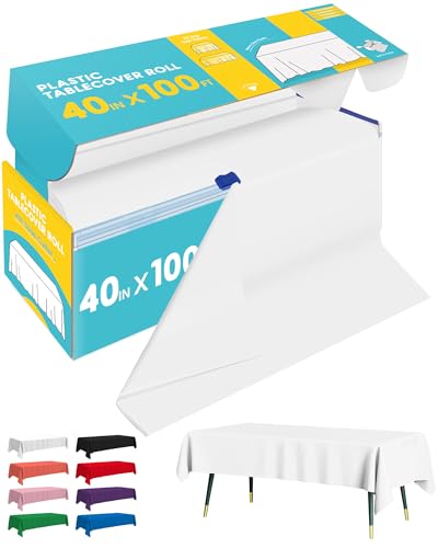 Image of Niuara White Plastic Table Cover Roll - 40IN x 100FT, Table Cloth for Rectangle Table with Slide Cutter, Plastic Table Cloth Disposable with Cut-to-Size Design for Weddings, Banquets, Parties