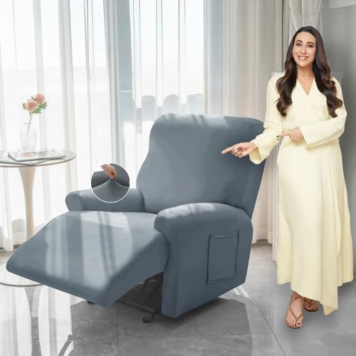 Image of HOKIPO 'SereneSolids' 140 GSM 4-Pieces Super Stretch Recliner Chair Cover 1 Seater Fully Covered Washable Furniture Protector, Smokey Grey (NEW2-4740-SGRY)