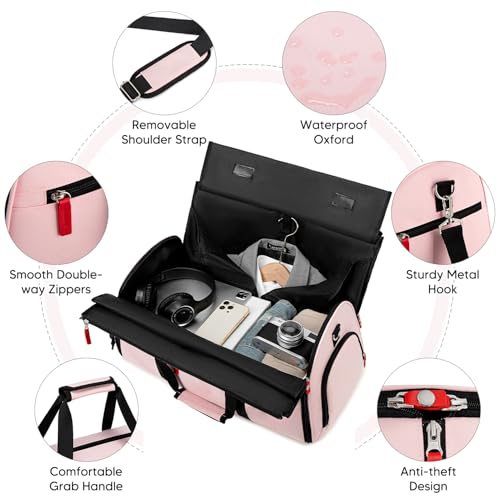 Rolling Garment Bags for Travel, Garment Bag with Wheels, Convertible Garment Duffel bag, Carry On Garment Bag with Shoe Compartment, Rolling Duffel Bag with Detachable Trolley System-Pink 5