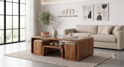 Image of Royal Furniture Decor Solid Wood Coffee Table with 4 Stools, 122x61 cm | Glass Top Surface, Built-in Lower Shelf, Upholstered Stools, Rounded Arch Design, Living Room Use
