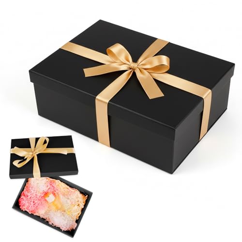 Geschenkbox mit Deckel 25x18x8.5cm Geschenk Box mit Schleife Falt Karton Geschenkschachtel Geschenkverpackung für Geburtstag Hochzeit Muttertag Ostern (Schwarz)