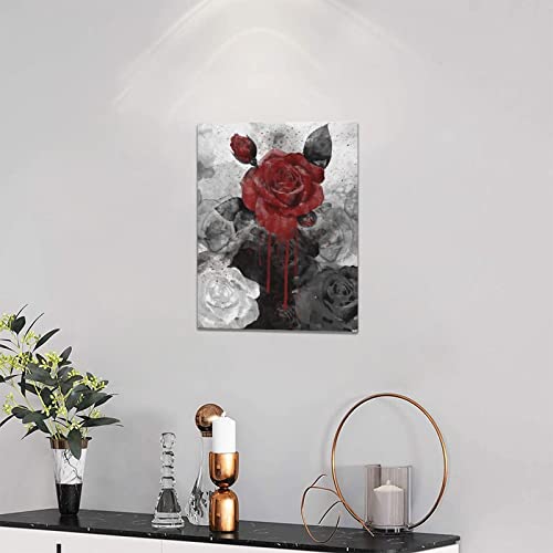 Vintage Rose Painting Canvas Wall Art, Retro Black And White Red Rose Flower Ink Painting Picture Print, Modern Rose Wall Decor Floral Artwork Poster Framed For Living Room,Bedroom Bathroom 12"X16" #TOP6