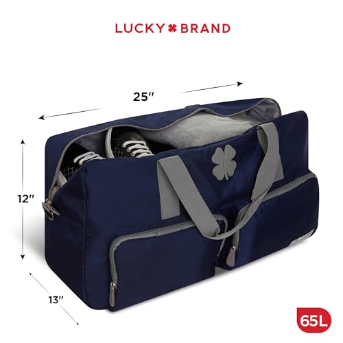 Image of Lucky Brand Unisex Adult Large Duffle Adjustable Shoulder Strap Foldable Overnight Weekender Bag, Navy, 65L, Sports