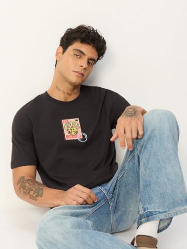 Image of The Souled Store S.W.Smiley: Happy Desi Men and Boys Short Sleeve Round Neck Charcoal Grey Embroidered Cotton Relaxed Fit Breathable Summer Streetwear Graphic Print Indian Styled T-Shirts