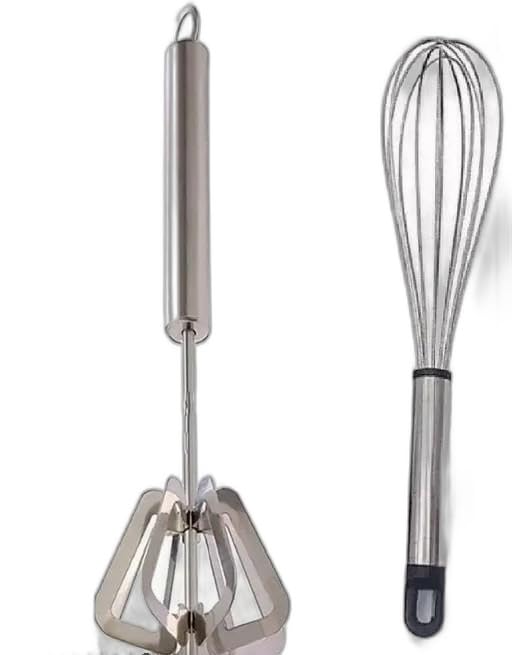 Urban Elegance Combo of Hand Push Rotary Whisk Blender Stainless Steel Balloon Whisk Pack of 2 (Multicolor)