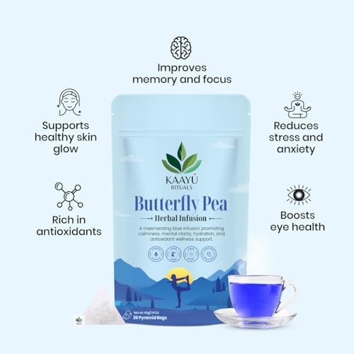 Image of Kaayu Rituals Butterfly Pea Flower Blue Tea 40g | Herbal Infusion with Butterfly Pea Flowers | Rich in Antioxidants | Supports Brain Health, Relaxation, Skin & Hair Wellness | 20 Pyramid Tea Bags
