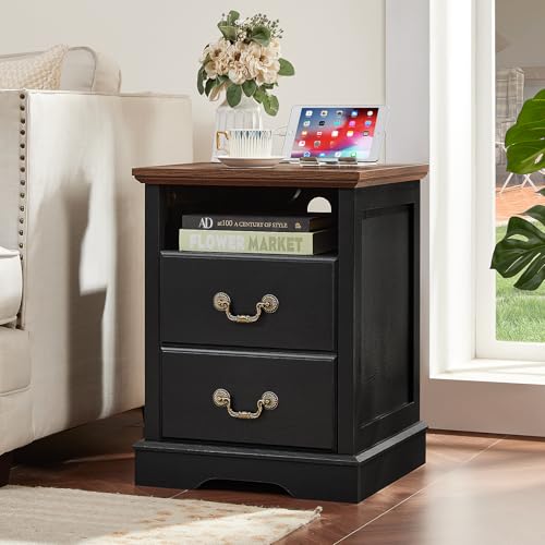 Image of Senfarime Farmhouse Nightstands with Charging Station,18" End Table with 2 Drawers,Farmhouse Nightstand with Vintage Handles, Bedside Cabinet for Bedroom,Black
