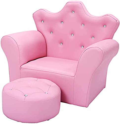 Fireflowery Kid’s Sofa, Princess Upholstered Chair W/Ottoman, Sturdy Wood Frame & Pvc Leather, Toddler Armrest Chair For Boys & Girls, Ideal For Bedroom, Living Room (Pink) #TOP24