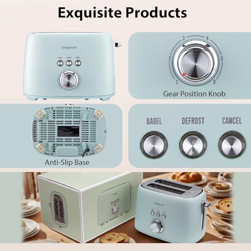 Image of Longdeem 2 Slice Toaster Blue, 1.5 inch Extra Wide Slots Stainless Steel Toasters for Bagels & Thick Bread, 1000W Compact Bread Toaster with 6 Browning Settings, High Lift Lever & Removable Crumb Tray