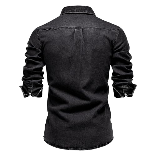 Mens Denim Shirts Fall Distressed Long Sleeve Collared Work Jean Jackets Slim Fit Work Office Tops with Pockets4