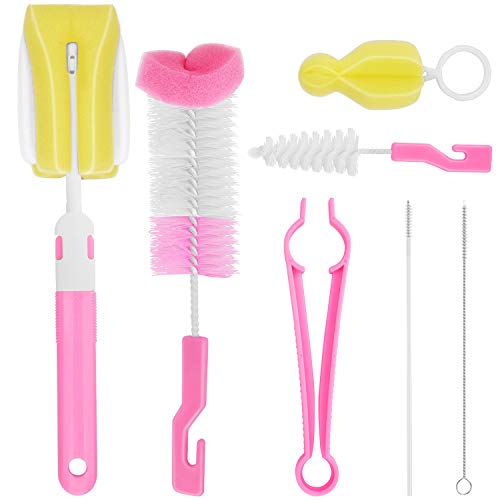 Image of Bottle Brush Set, 7Pcs Baby Bottle Brush Cleaner Kit with Nipple Brush & Straw Cleaner (Pink)