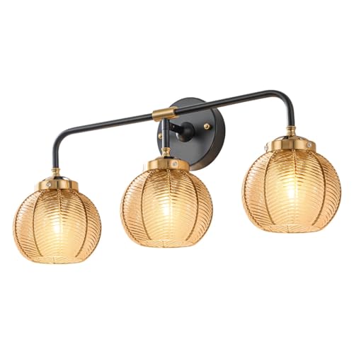 Image of 3 Light Glass Globe Wall Sconce Lights Amber Mid Century Modern Wall Light Fixtures Bathroom Vanity Lights with Ribbed Glass Shade Black Gold Wall Mount Lamp Over Mirror Bedroom