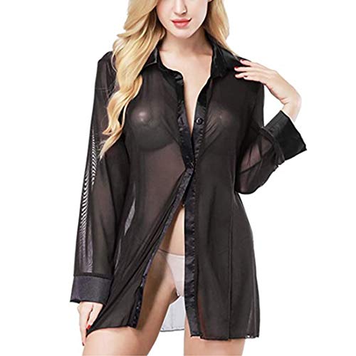 Damen Chiffon Hemd, Sexy Schlaf-Hemd Durchsichtig Transparent Dessous Shirt...