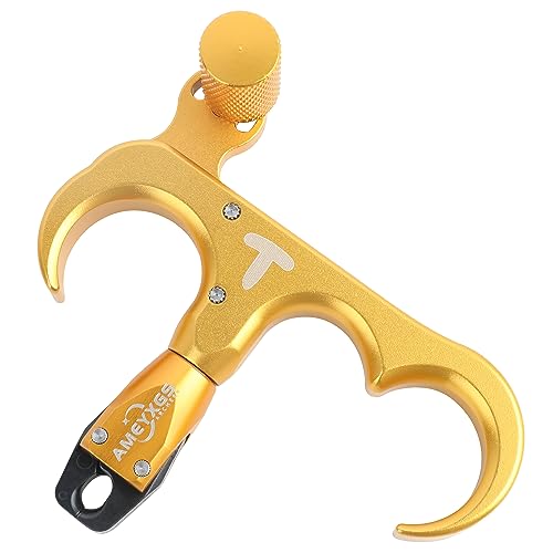 AMEYXGS Archery Bow Release for Compound Bows,Durable Aluminum 360° Rotate Caliper Thumb Release 3 Finger Release (Gold)