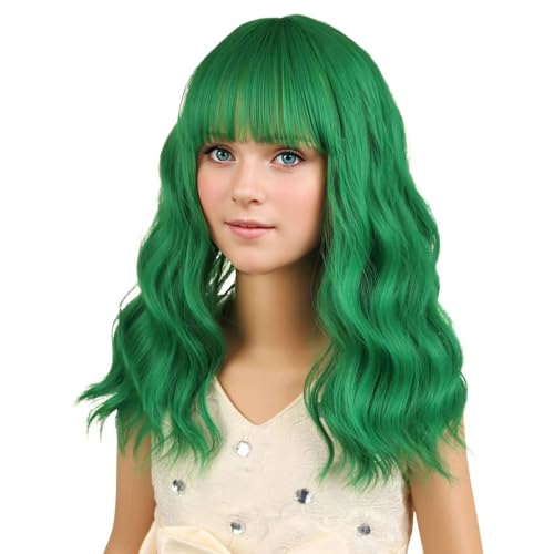 Image of PATTNIUM Kids Green Wig for Girls Green Child Wig with Bangs Short Wavy Wigs for Kids Shoulder Length Heat Resistant Synthetic Wigs
