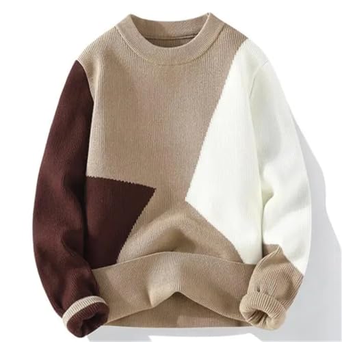 Men's Casual Long-Sleeved Sweater Loose Diamond Plaid Pullover Slim Sweater Khaki Asia M(165cm-50kg)