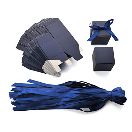 Awell Navy Blue Gift Candy Box Bulk 2X2X2 Inches With Blue Ribbon Party Favor Box,Pack Of 50 #TOP4