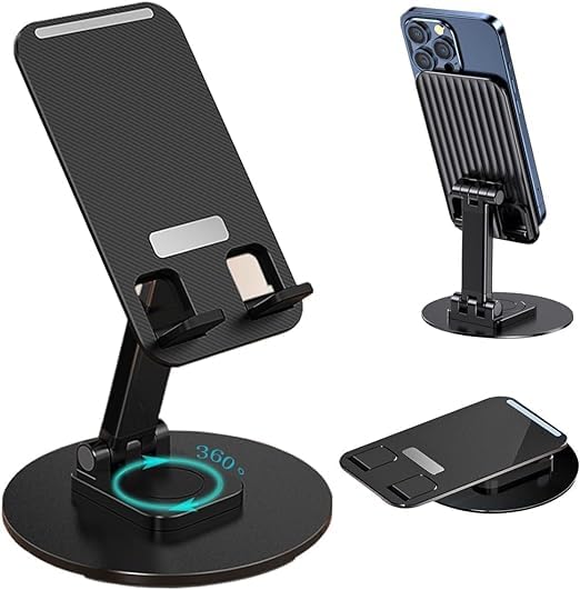 mobile phone stand 360° rotation height and angle adjustable cell phone stand for desk office foldable desktop phone holder for smartphone 4-10'' tablet holder (black)