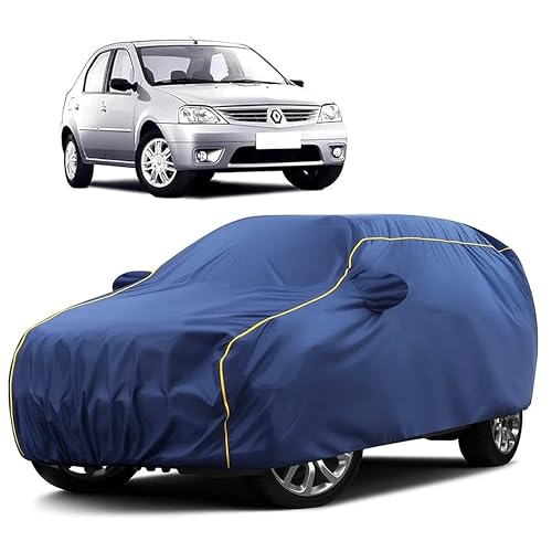 Image of Sulfar 100% Water Resistant Car Body Cover Compatible with Mirror for Renault Logan (Triple Stitched, Full Bottom Elastic, Blue Taffeta with Yellow Piping)