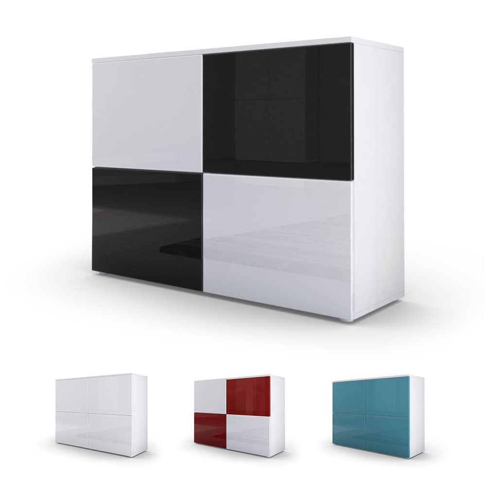 Vladon Sideboard Rova, Made in Germany, Kommode mit 4 Türen, Weiß matt/Weiß Hochglanz/Weiß Hochglanz (92 x 72 x 35 cm)