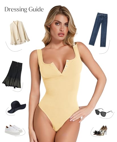 Image of Popilush Bodysuits for Women Tummy Control Body Suits Thong Summer Outfits | Corset Tops Shapewear Henley Shirts Tank Top for Country Concert Going Out Date Night, Comfort All Day