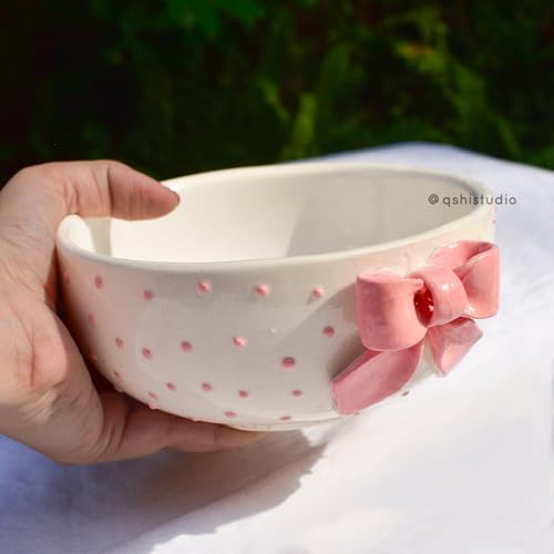 Image of Handmade Ceramic Pinterest Bowl - Pink Bow | Aesthetic Breakfast Adorable Microwave Ceramic Bowl - 450 ml