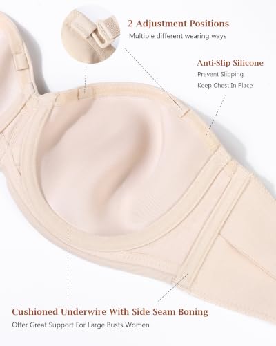 Image of HACI Women's Minimizer Strapless Bra Anti-Slip Underwire Bandeau Plus Size