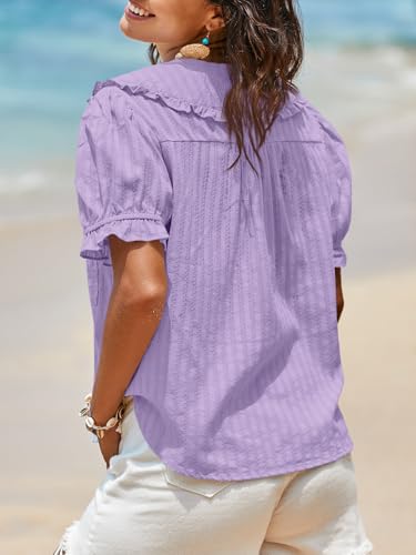Image of Tankaneo Womens Puff Sleeve Shirts Peter Pan Collar Button Down Cotton Blouse Casual Summer Textured Tops