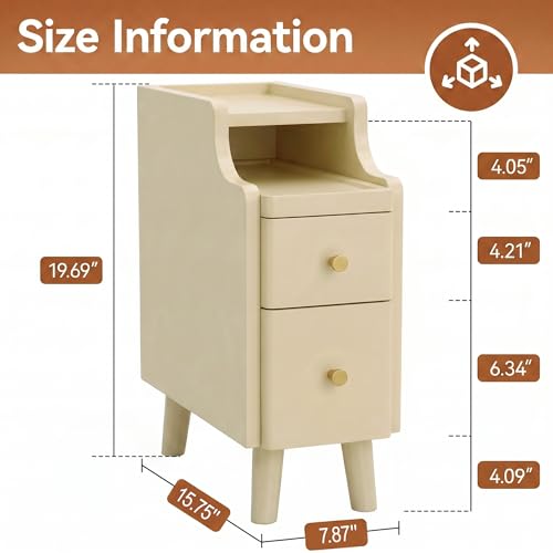 Image of Nightstand, Pre-Assembled, 19.7 inchH Solid Wood Narrow Night Stand with 2 Drawers, Open Sliding Shelf, Mid Century Modern Small Bedside Table for Bedroom, Cream 8 inch