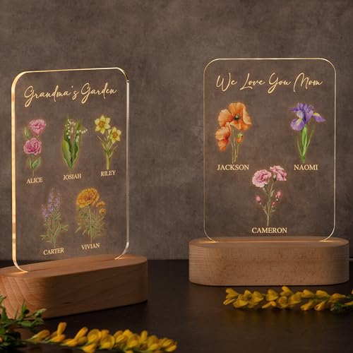 Gifts for Mom, Grandma, Custom Engraved Night Light with Kids' Names, Text & Birthflowers for Mother - Custom Grandma's Garden Gifts, Mothers Day Gifts from Daughter, Son, 7 Flowers - Image 3