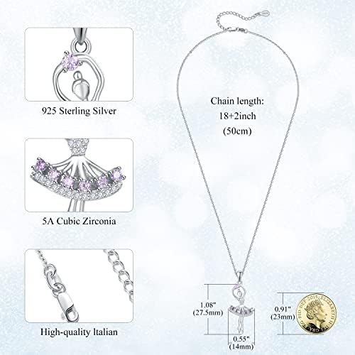 praymos Dancing Ballerina Necklace 925 Sterling Silver Blue/Pink/Purple Zircon Ballet Pendant Dancer Jewellery Birthday Recital Gift for Women Girls Teens