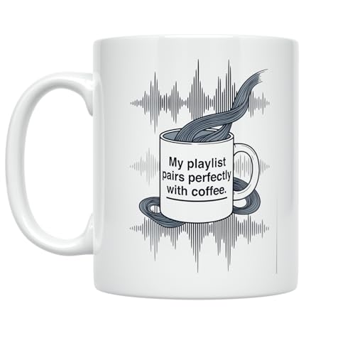 Music Lover Coffee Mug - My Playlist Pairs Perfectly with Coffee - 11 oz White Ceramic - Modern Aesthetic