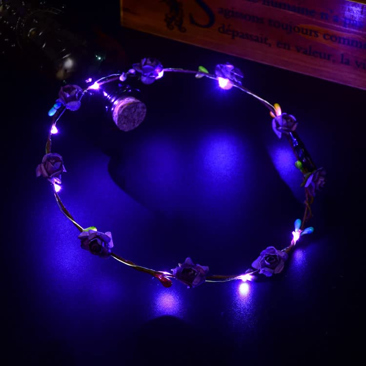 YADIRF Led Light Women Flower Girl Headband Glow Blinking Crown Hair Wreath For Halloween Cosplay Holiday Wedding Party (Purple)