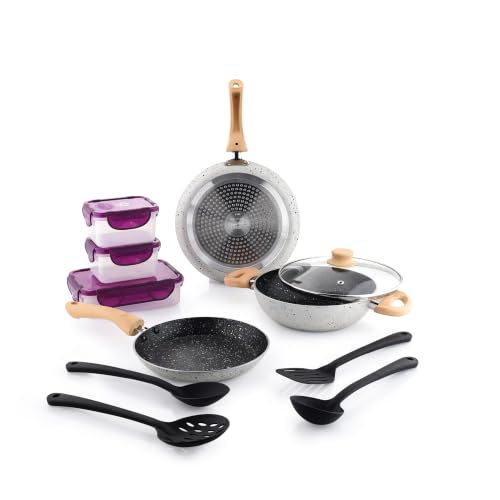 Image of Crystal Aluminum 11 Pcs Non Stick Cookware Set with Induction Bottom | Tawa, Fry Pan, Kadhai with Lid, 4 Serving Spoons, 3 Containers | 4 Layer Non Stick Coating | PFOA Free | White
