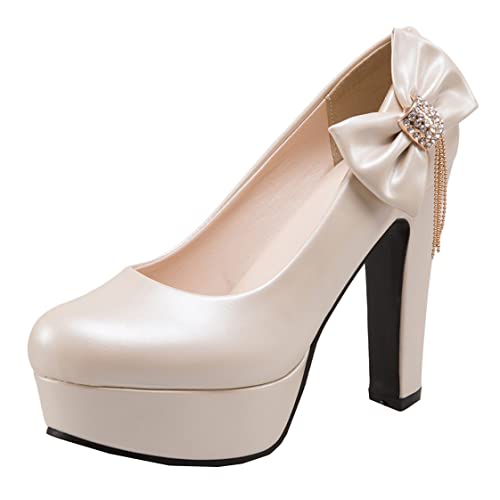 BEAUPAS Women's Platform Chunky Heel Round Toe Block High Heels Pumps Cute Bow Shoes