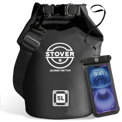 Image of STOVER 5 /10 /25 /30 /40L Waterproof Dry Bag, Small Lightweight Roll Top Dry Bag Backpack w /Waterproof Phone Case, Kayaking, Travel, Hiking, Fishing, Tubing, Camping, the Beach, Men /Women (Black)