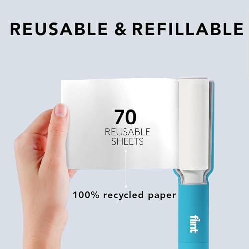Image of Flint Plus Retractable Lint Remover & Pet Hair Roller for Clothes - Refillable & Reusable Lint Roller with 70 Extra Sticky Tear-Off Sheets - Value Pack, Light Blue