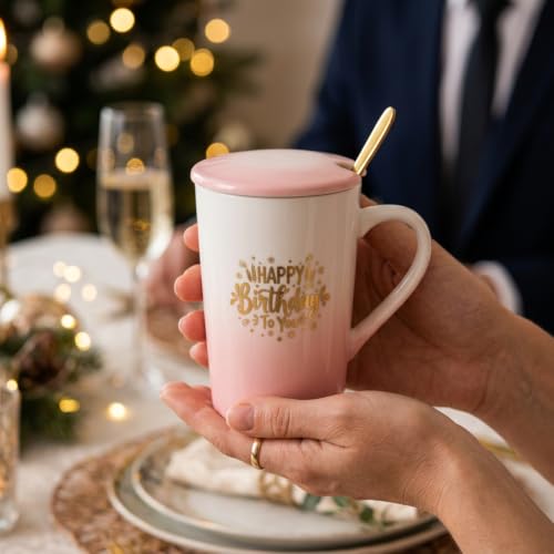 Image of ZAICUS Happy Birthday Coffee Mug with Lid & Spoon, Ceramic Cup for Women | Suitable for Hot & Cold Beverages | Ideal Birthday Gift | Elegant Pink Gradient Finish