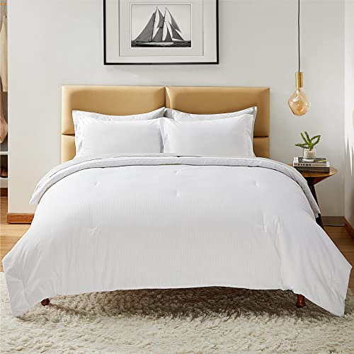 Bedsure Striped Comforter Set King Size Bed White - Bedding Comforter Sets King Bed Set, King Size Comforter Sets 3 Piece, 1 Comforter and 2 Pillow Shams