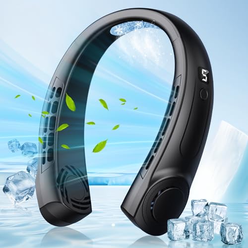 مكيف صحراوي Portable Neck Fan Cooling Fan Yakiter Bladeless 360 Cooling Neck Fan with Rechargeable 5 Speeds & LED Display Upgraded Air Volume for Travel Outdoor Sports (Black)